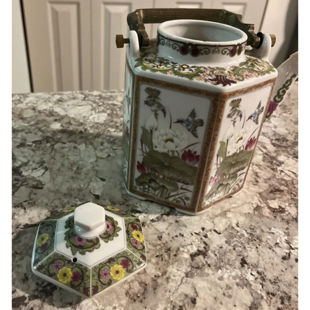 Vintage Japanese‎ Toyo Ming Lotus Hexagon Floral Tea Kettle W/Brass Handle VGUC